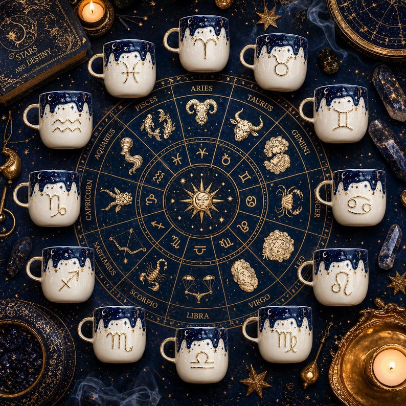 May include: A collection of twelve ceramic mugs featuring a dark blue starry night sky design on the rim and gold embossed zodiac symbols. The mugs are arranged around a circular astrological chart printed on a dark blue background with gold lines.