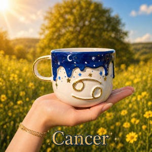 Può includere: Tazza in ceramica bianca con manico dorato e simbolo zodiacale del Cancro. La tazza presenta un bordo blu con un design a notte stellata e la scritta "Cancro" in oro.