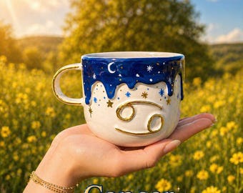 Handmade Ceramic Zodiac Mug, 24K Gold Astrology Coffee Cup, Celestial Gift