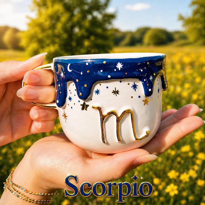 May include: A white ceramic mug featuring a dark blue drip glaze at the rim, decorated with gold and blue star motifs. The mug displays a prominent gold-colored letter m on the front and includes the word Scorpio in blue text at the bottom.