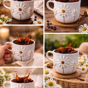 May include: A white ceramic mug featuring embossed daisy flower designs with yellow centers. The mug is filled with dark coffee, showing a dynamic liquid splash rising from the rim. The handle is curved and attached to the side of the mug.