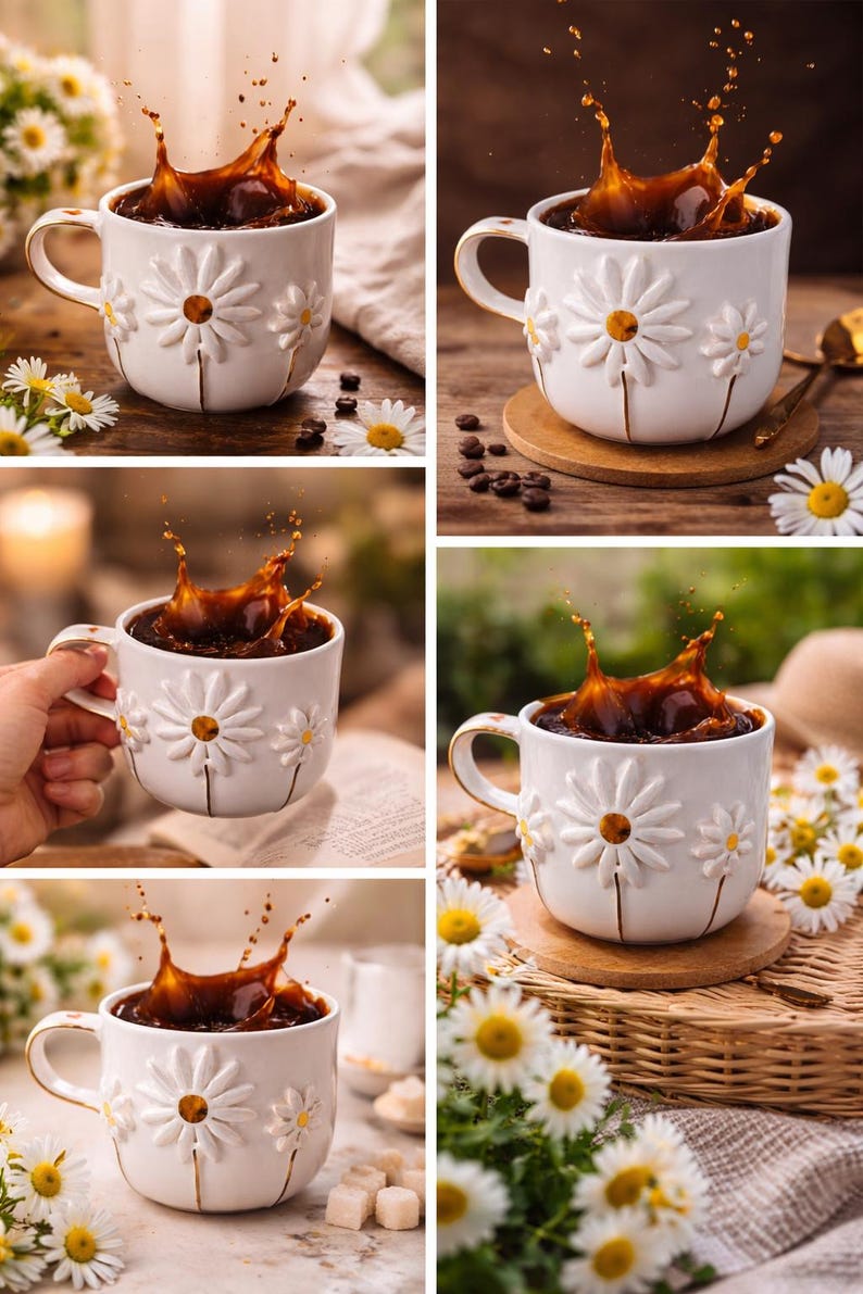 May include: A white ceramic mug featuring embossed daisy flower designs with yellow centers. The mug is filled with dark coffee, showing a dynamic liquid splash rising from the rim. The handle is curved and attached to the side of the mug.