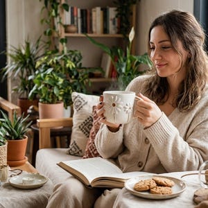 May include: A white ceramic mug featuring a raised, embossed daisy flower design on the exterior. The mug has a rounded shape with a sturdy handle and is held by both hands, showing a subtle texture and a clean, matte finish on the surface.