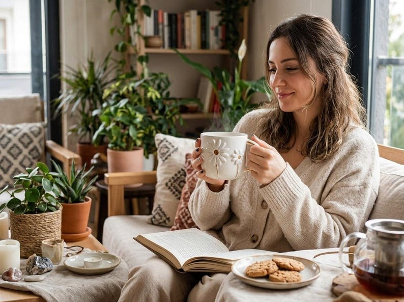 May include: A white ceramic mug featuring a raised, embossed daisy flower design on the exterior. The mug has a rounded shape with a sturdy handle and is held by both hands, showing a subtle texture and a clean, matte finish on the surface.