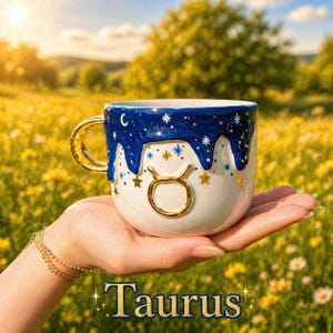 May include: A ceramic mug featuring a white base and a dark blue drip pattern at the top. The mug displays a gold Taurus zodiac symbol in the center, gold stars, and a gold handle. The word Taurus is written in gold text at the bottom of the image.