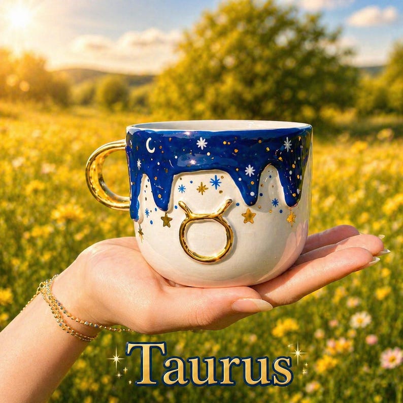 May include: A ceramic mug featuring a white base and a dark blue drip pattern at the top. The mug displays a gold Taurus zodiac symbol in the center, gold stars, and a gold handle. The word Taurus is written in gold text at the bottom of the image.