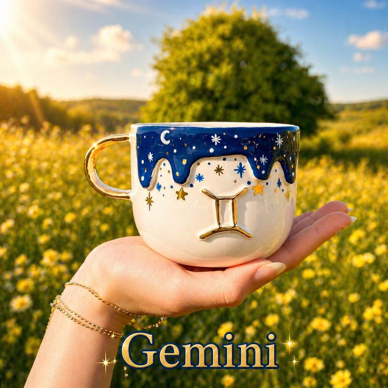 May include: A white ceramic mug featuring a gold Gemini zodiac symbol and a dark blue drip-style rim decorated with gold and white stars and a crescent moon. The mug has a gold-colored handle and a smooth, glossy finish on the exterior surface.