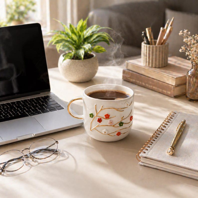 May include: A white ceramic mug filled with coffee, featuring gold accents on the handle and floral branch designs with red and pink flowers. The mug sits on a desk with a laptop, glasses, and a notebook.