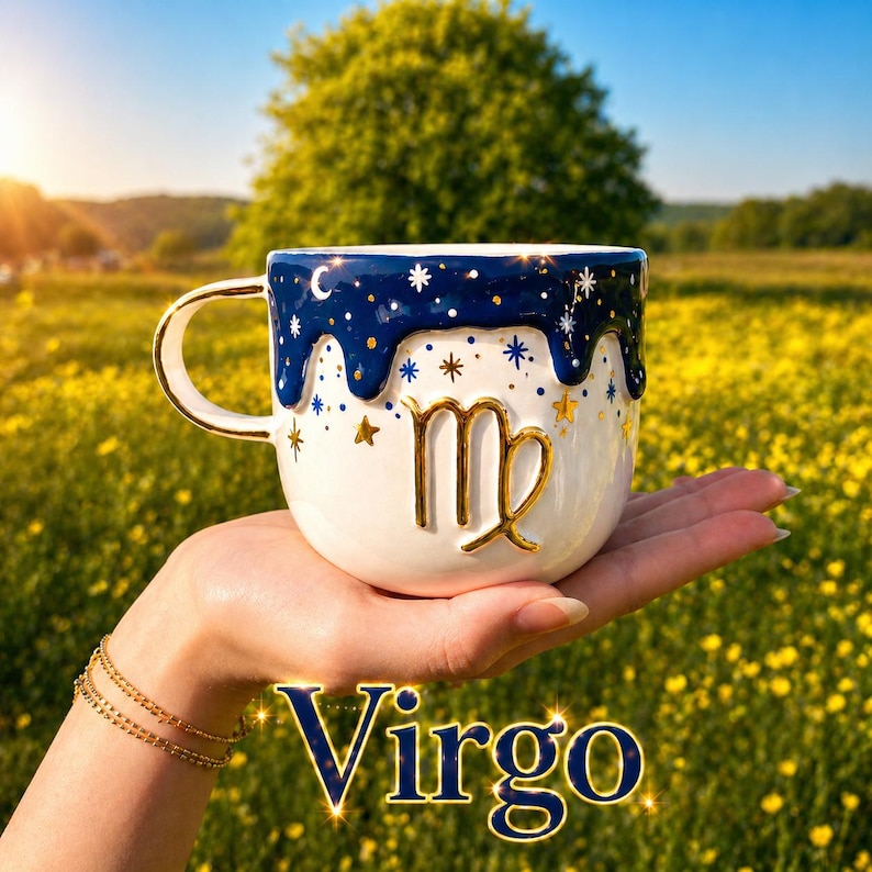 May include: A white ceramic mug with a gold handle and the Virgo zodiac symbol in gold. The top of the mug is navy blue with white stars and gold accents. The word "Virgo" is displayed in gold text.