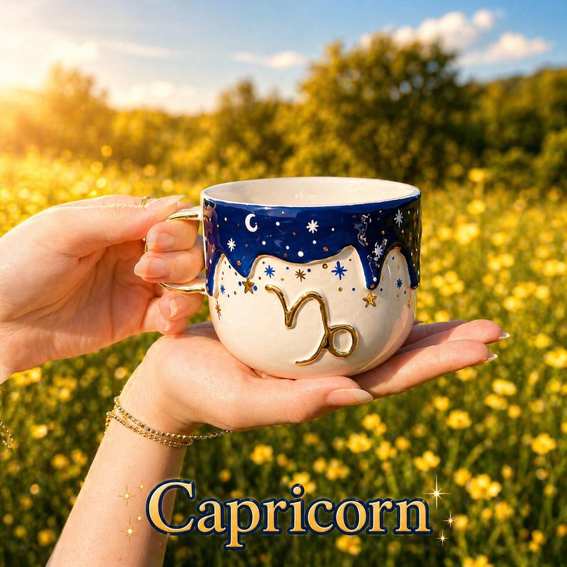 May include: A ceramic mug featuring a cream-colored base and a dark blue drip design at the rim. The mug is decorated with gold-painted stars and a prominent gold Capricorn zodiac symbol on the front. It has a gold-toned handle.