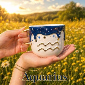 May include: A white ceramic mug with a gold handle and a dark blue drip glaze at the rim. The mug features gold Aquarius water bearer symbols and small painted stars. The word Aquarius is printed in gold at the bottom of the image.