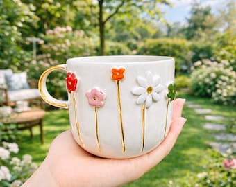 Handmade Floral Ceramic Mug with 24K Gold Accents – Wildflower Coffee Cup Gift Set