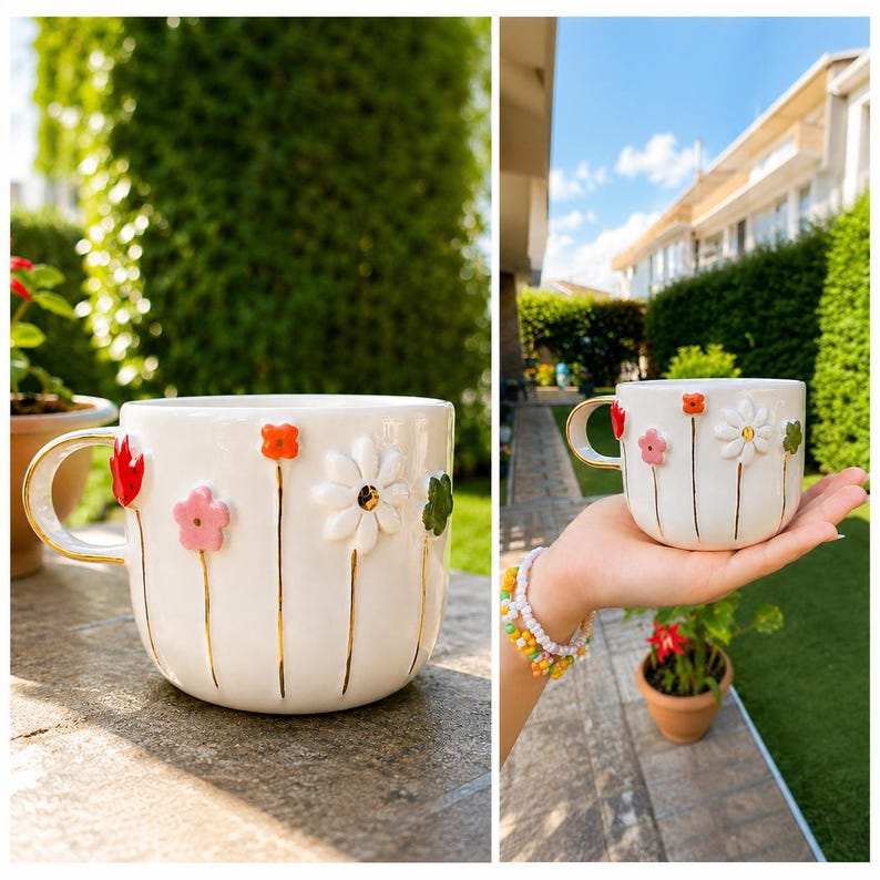 May include: White ceramic mug with gold handle and floral embellishments. The mug features raised, colorful flowers in red, pink, orange, white, and green. The flowers are arranged along the side of the mug, with gold accents.