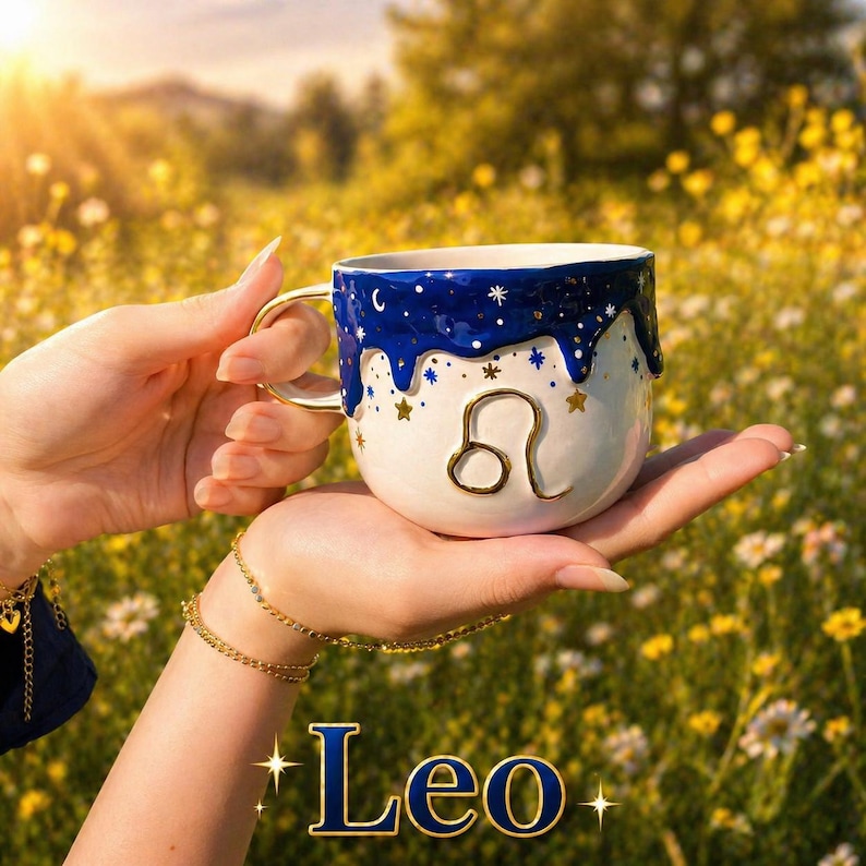 May include: A white ceramic mug with a gold handle and the Leo zodiac symbol. The top of the mug is decorated with a blue, starry design. The word "Leo" is written in blue with gold accents.