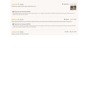 May include: A collection of four five-star customer reviews for a shop, featuring text from buyers Darcy, Alexandra, Jessica, and Alex, along with written responses from the shop owner, Ramazan KARTAL, regarding a mug and gift items.