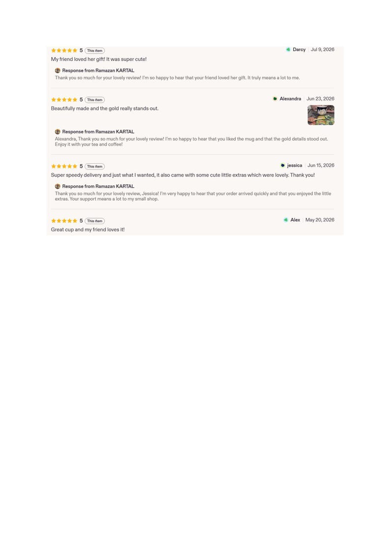 May include: A collection of four five-star customer reviews for a shop, featuring text from buyers Darcy, Alexandra, Jessica, and Alex, along with written responses from the shop owner, Ramazan KARTAL, regarding a mug and gift items.