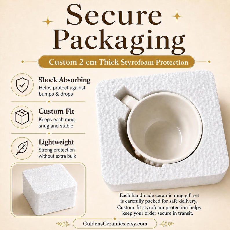 May include: A white ceramic mug nestled in a custom-fit 2 cm thick white styrofoam protective insert. The image includes text detailing secure packaging, shock absorption, and lightweight features for safe delivery of handmade ceramic mugs.