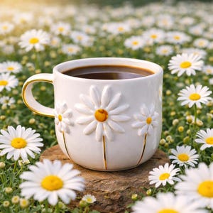 May include: A white ceramic mug filled with dark coffee, featuring three-dimensional embossed daisy flowers on the exterior. The mug has a gold-trimmed handle and gold-painted stems extending from the base of each daisy flower.