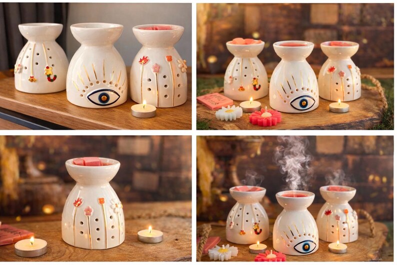 May include: Three white ceramic wax warmers with a flared top and rounded base. One features a gold-painted eye design, while the others have gold-stemmed floral motifs and small circular cutouts. Each includes a small tea light candle for heating.