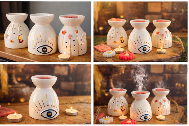 May include: Three white ceramic wax warmers with a flared top and rounded base. One features a blue and gold eye design, another has colorful floral accents, and the third has small dots. Each includes a hollow center for a tea light candle.