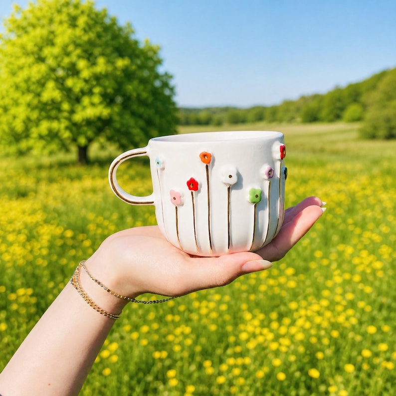May include: A white ceramic mug with a gold handle and rim, adorned with colorful, raised flower designs. The mug is held in a hand against a backdrop of a green field and blue sky. The flowers are red, orange, pink, and green.