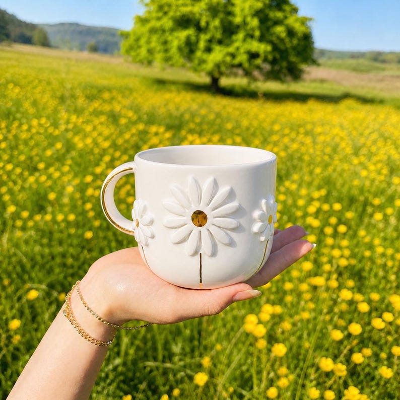 May include: White ceramic mug with embossed daisy flower designs and gold accents. The mug is held in a hand, set against a backdrop of a field of yellow flowers and a tree.