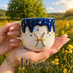 May include: A ceramic mug featuring a white base with a dark blue drip design at the rim. The mug displays a gold Pisces zodiac symbol in the center, surrounded by gold and white star and moon accents. The word Pisces is printed below.