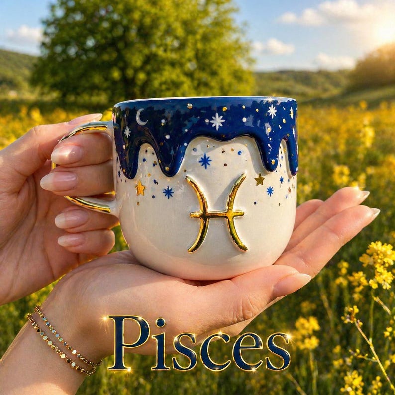 May include: A ceramic mug featuring a white base with a dark blue drip design at the rim. The mug displays a gold Pisces zodiac symbol in the center, surrounded by gold and white star and moon accents. The word Pisces is printed below.