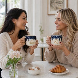 May include: Two ceramic mugs featuring a dark blue night sky design with gold stars and moons. One mug displays a gold Libra zodiac symbol, while the other features a gold Leo zodiac symbol. Both mugs have a cream-colored base and a handle.