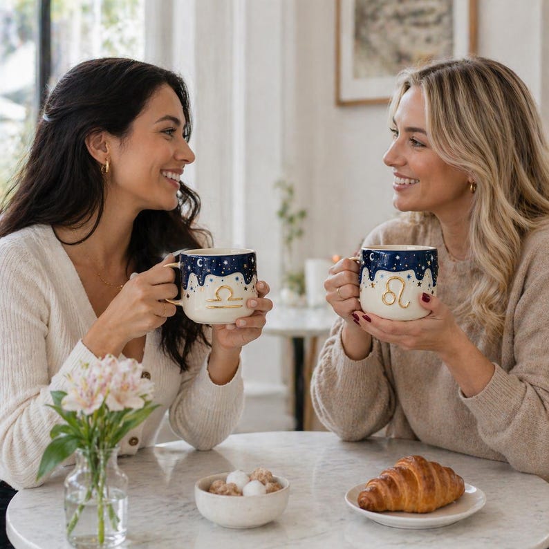 May include: Two ceramic mugs featuring a dark blue night sky design with gold stars and moons. One mug displays a gold Libra zodiac symbol, while the other features a gold Leo zodiac symbol. Both mugs have a cream-colored base and a handle.