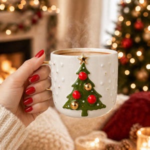 May include: A white ceramic Christmas mug with a green Christmas tree design, red and gold ornaments, and a gold star on top. The mug has a gold handle and is filled with a warm beverage. Steam rises from the mug.