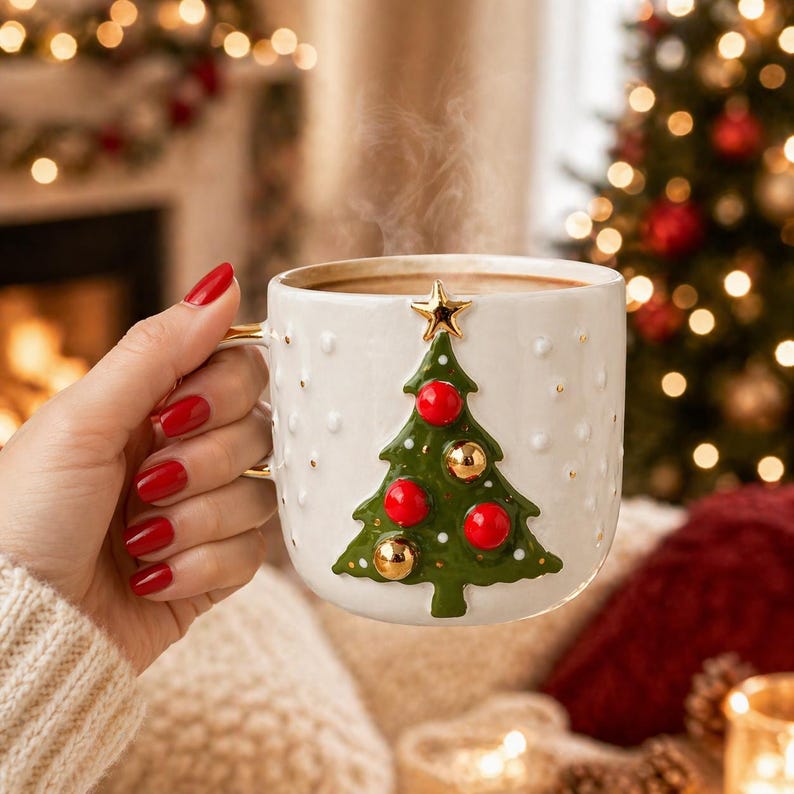 May include: A white ceramic Christmas mug with a green Christmas tree design, red and gold ornaments, and a gold star on top. The mug has a gold handle and is filled with a warm beverage. Steam rises from the mug.