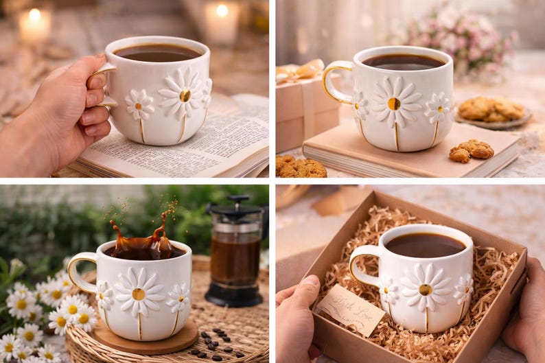 May include: A white ceramic mug featuring a raised, three-dimensional daisy design with gold-painted centers and stems. The mug has a gold-trimmed handle and is filled with dark coffee, showcasing a floral motif on the exterior surface.