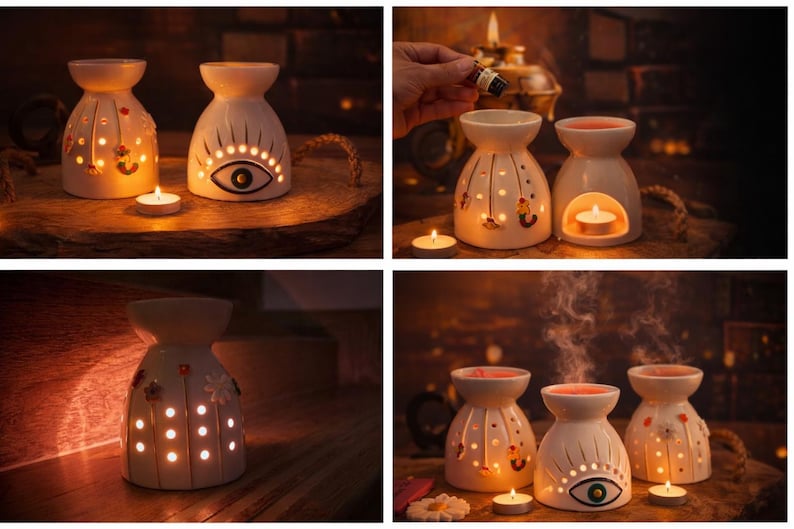 Handmade Ceramic Oil Burner, Evil Eye Floral Aromatherapy Wax Melt Warmer image 10