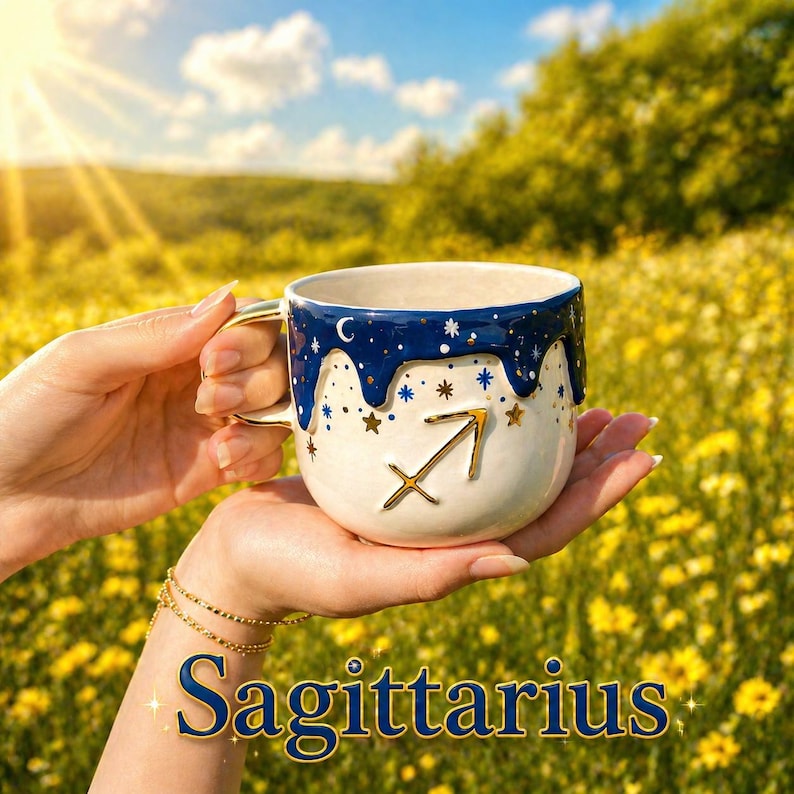 May include: A ceramic mug with a cream-colored base and a dark blue drip glaze at the rim. The mug features gold-colored star accents and a prominent gold Sagittarius zodiac symbol. The word Sagittarius is printed in blue at the bottom.