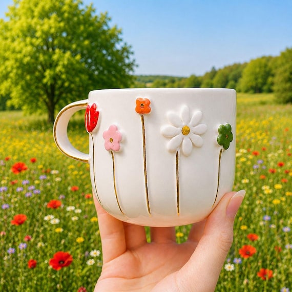 Handmade Ceramic Mug, 24K Gold Daisy Coffee Cup, Floral Pottery Mug, Gift for Her