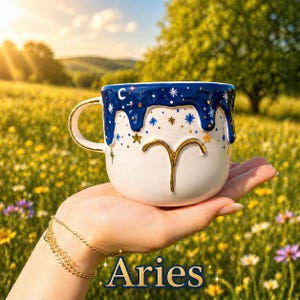 May include: A white ceramic mug featuring a gold Aries zodiac symbol and a dark blue drip glaze at the rim. The mug is decorated with small gold and blue stars and a crescent moon pattern. It has a curved handle and a smooth, rounded body shape.
