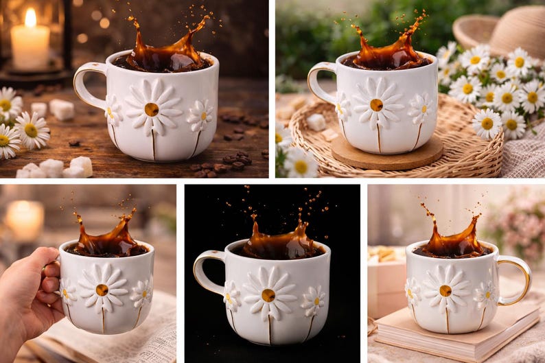 May include: A white ceramic mug featuring embossed daisy flower designs with gold-toned accents. The mug is filled with dark coffee, showing a dynamic liquid splash rising from the center. The handle has a gold-colored trim.