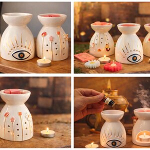 Handmade Ceramic Oil Burner, Evil Eye Floral Aromatherapy Wax Melt Warmer image 7