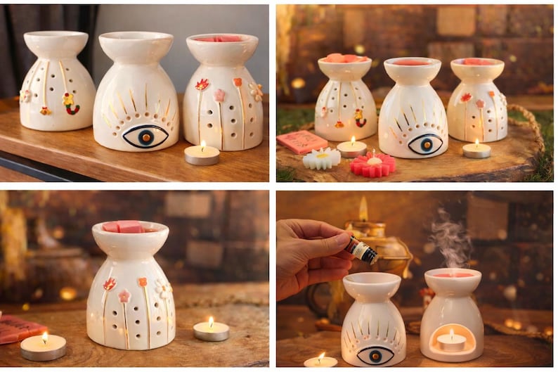 Handmade Ceramic Oil Burner, Evil Eye Floral Aromatherapy Wax Melt Warmer image 7