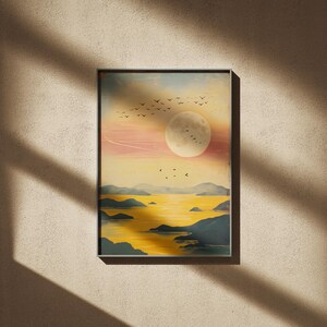Póster de serenidad de la hora dorada: escena de isla vintage para meditación y relajación, regalo para amantes de la naturaleza y viajeros, descarga digital
