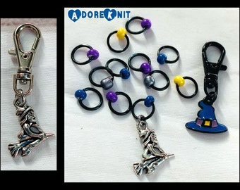 The Witching Hour Progress & Stitch Marker Set, progress markers, knitting supplies, progress keeper, Halloween, broom, witch hat, snag free