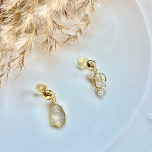 No piercing Asymmetrical Design Ear Clips, mismatched dangle grey stone and pearls clip-on Earrings, Pain-Free Jewelry, Gift for women