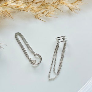 Chic Silver Triple Hoops Earcuff dangling double Chains - dangling Chains earcuff Non-Pierced Jewelry for Women & Men -Minimalist earcuff