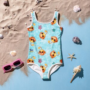 Kawaii Anglerfisch Mädchen Kinder Kinder Badeanzug All-Over Print Einteiliger Badeanzug Blau Niedlich Cartoon Fisch Pool Tage Strandtage Sommer