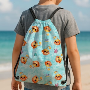Kawaii Anglerfisch Sportbeutel Blau Ozean Print Sportbeutel Niedliche Meeresgeschöpf Tasche Strandtasche Kinder Badetasche PoD Kawaii Kordelzug