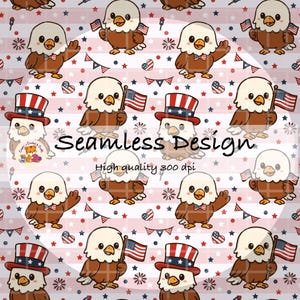 Modello senza cuciture kawaii con aquila americana, Giorno dell'Indipendenza, 300 DPI, PNG da scaricare per carta digitale, superficie in vinile e tessuto, design per il 4 luglio