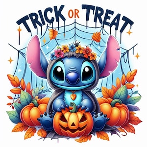 Puede incluir: Un personaje de dibujos animados azul con una capa con capucha y una corona de flores, sosteniendo una calabaza naranja tallada. La imagen presenta el texto "TRICK OR TREAT" sobre una telaraña, rodeada de calabazas y hojas de otoño.