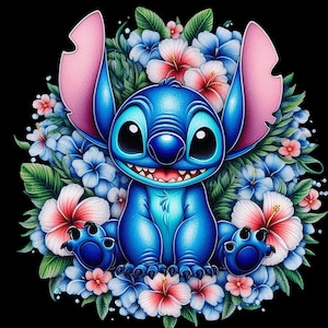May include: A blue cartoon character with large eyes and pink ears, surrounded by a wreath of blue, pink, and white flowers and green leaves, set against a black background. The character has a wide smile.