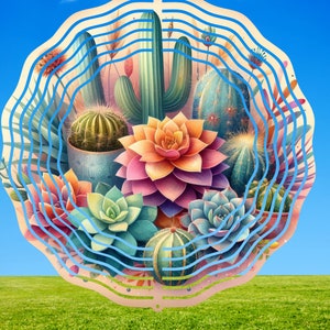 May include: A colorful illustration of a variety of succulents and cacti in a circular design. The plants are arranged in a spiral pattern with a blue and white background. The illustration is surrounded by a white border.